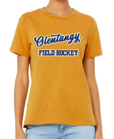 Ladies cursive Olentangy FH soft gold t-shirt